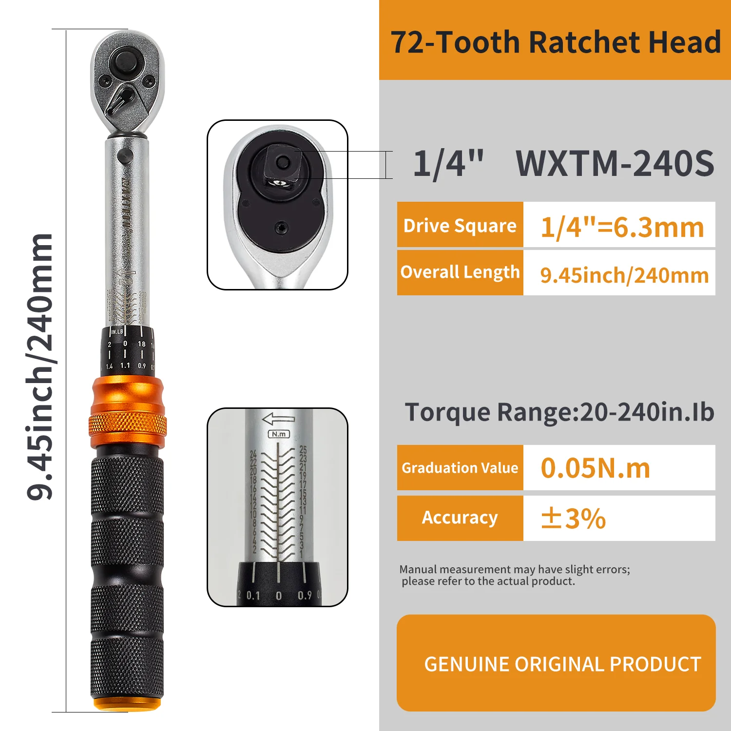 Waxtron Click Torque Wrench, 1/4", 3/8" or 1/2" Drive, 20-240IN.LB