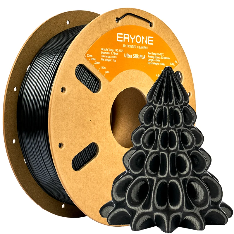 ERYONE Ultra-Silk PLA Filament 1.75mm, 1 kg Spool, Black-1kg