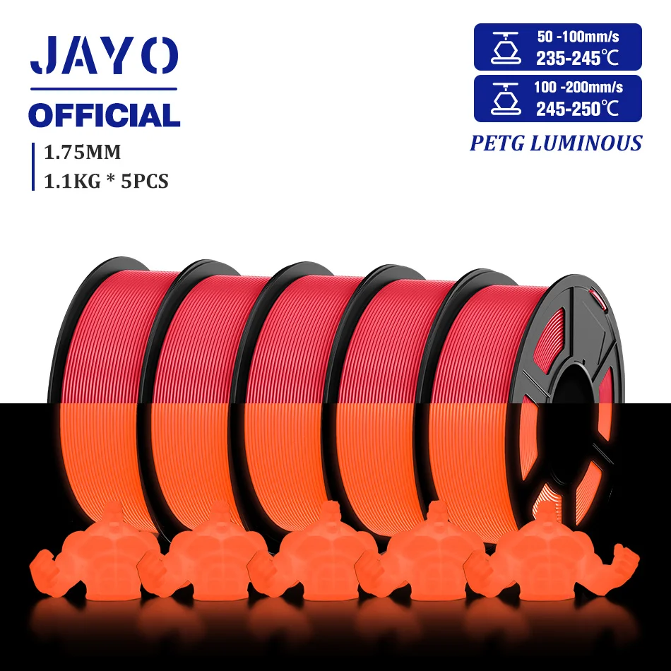 JAYO Glow in the Dark PLA & PETG Filament 1.75mm, 5-Roll Packs, PETG GID Red