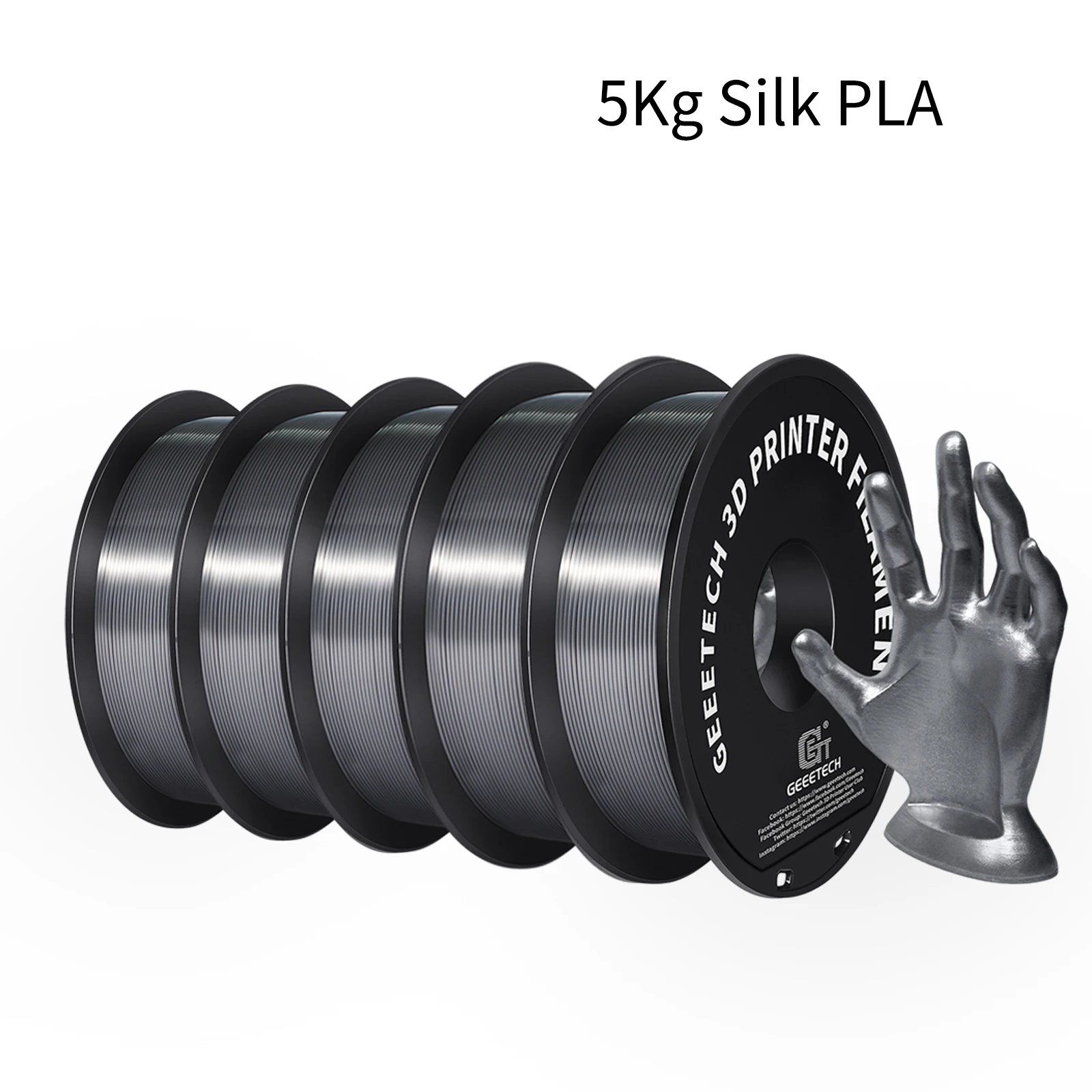Geeetech Silk PLA Filament 1.75mm, 5 kg (5 × 1 kg), Silver