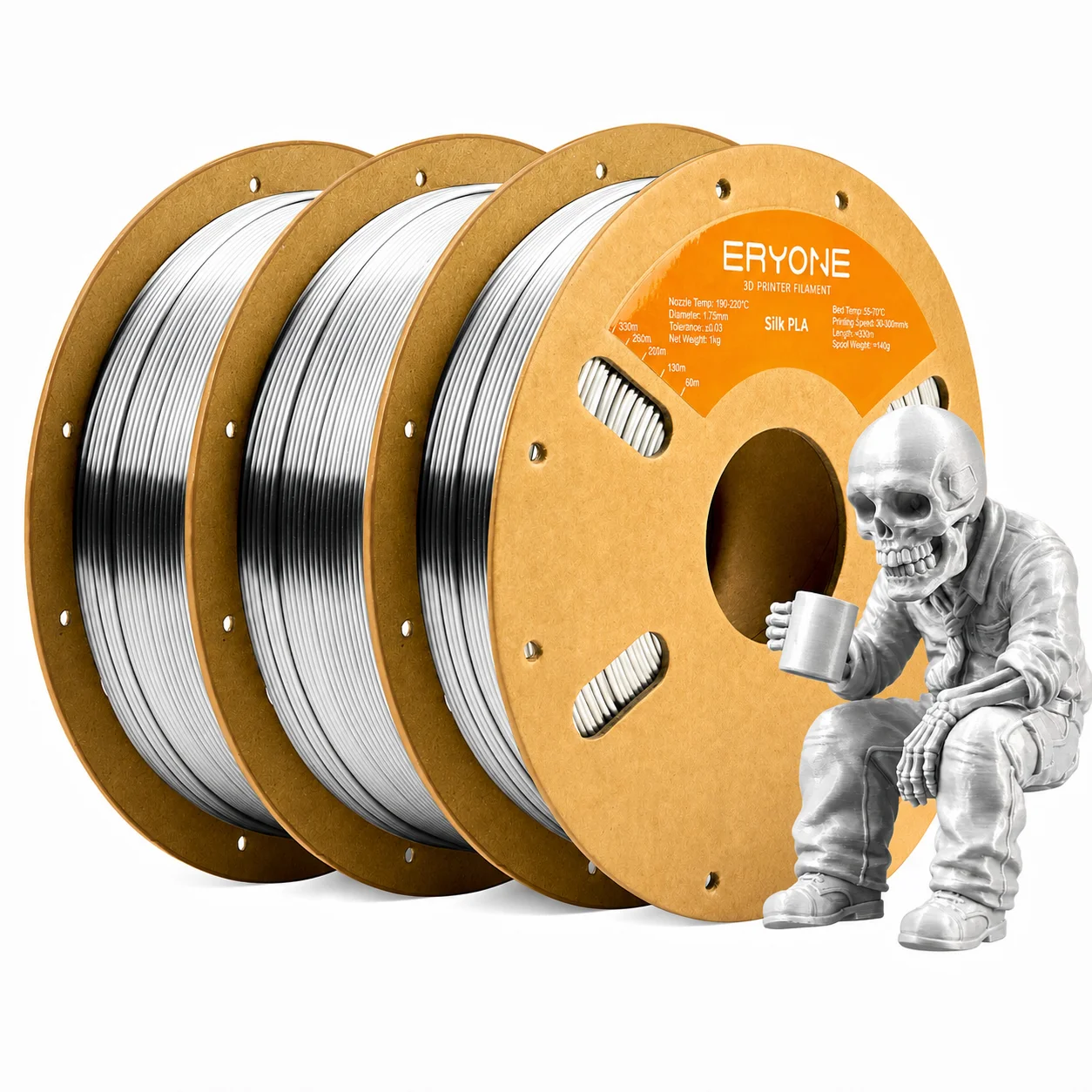 ERYONE Silk PLA Filament 1.75mm, 3 kg (3 × 1 kg), Silk Silver 3KG