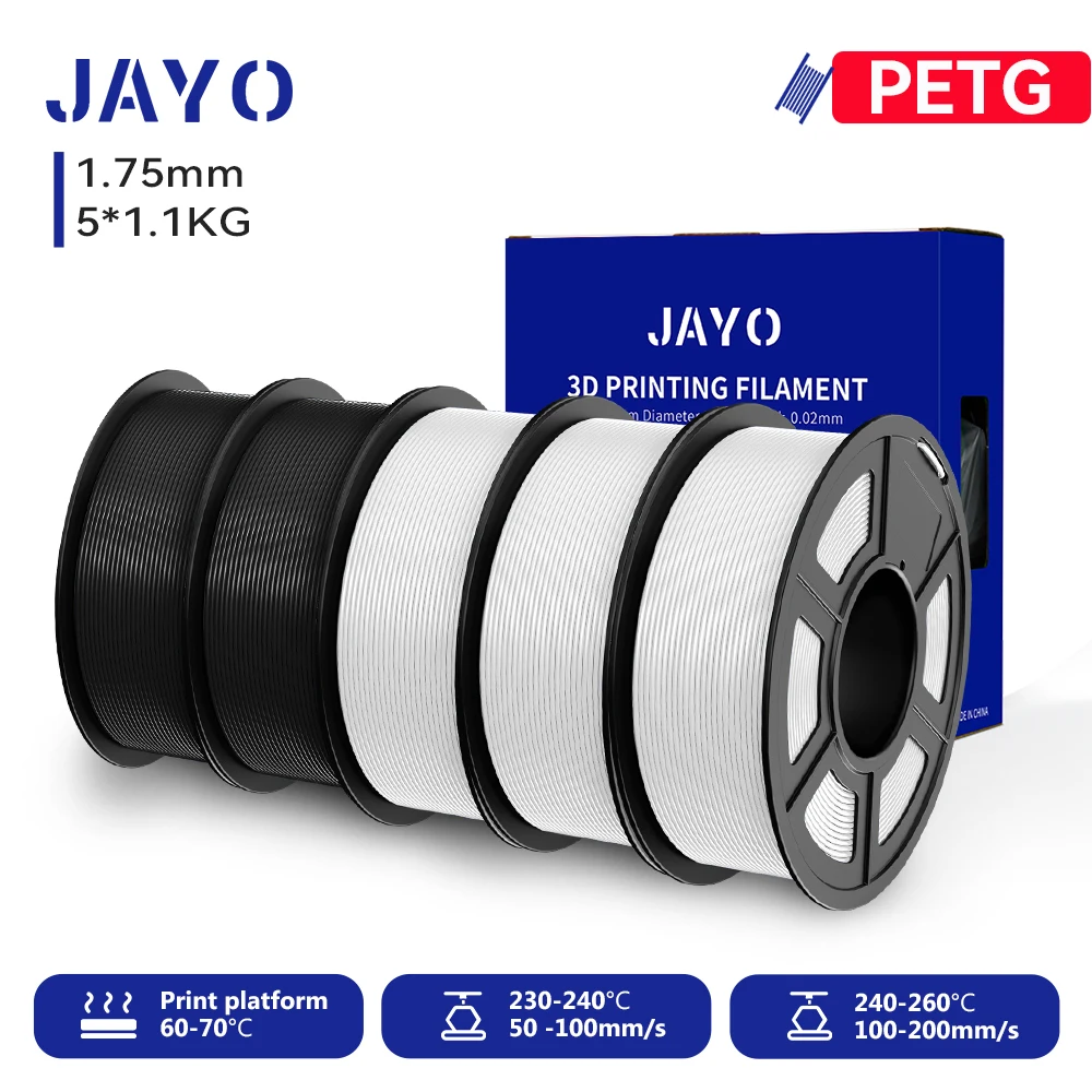 JAYO PETG Filament 1.75mm, 5-Roll Sets (5 × 1.1 kg), PETG-2BK3WT