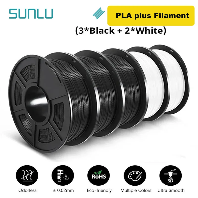SUNLU PLA / PLA+ / PETG Filament 1.75mm, 5 kg Set, PLA PLUS 3BK 2WT