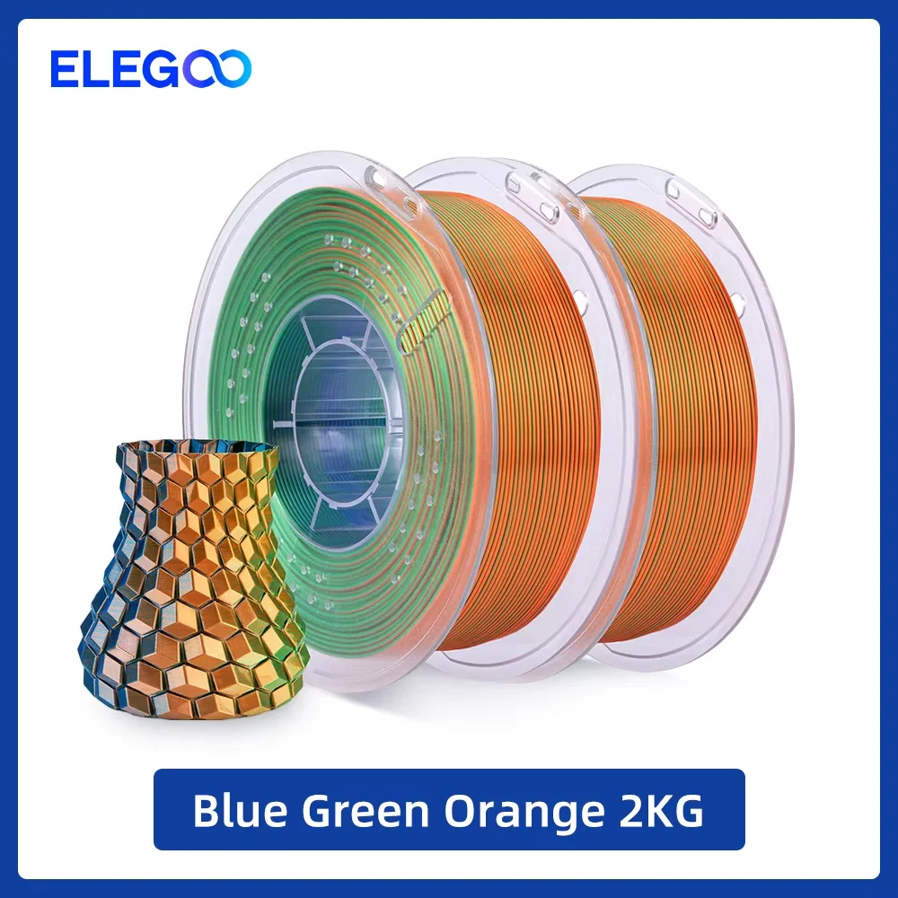 ELEGOO Silk PLA Filament 1.75mm, 2 kg Packs, Blue Green Orange