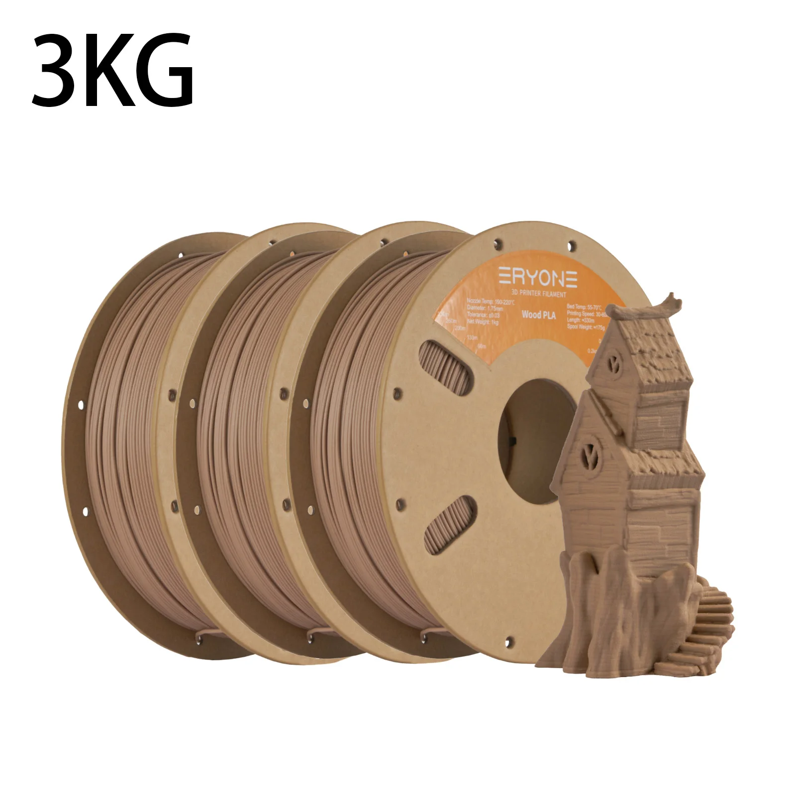 ERYONE Wood PLA Filament 1.75mm, 3 kg (3 × 1 kg), Deep Wood