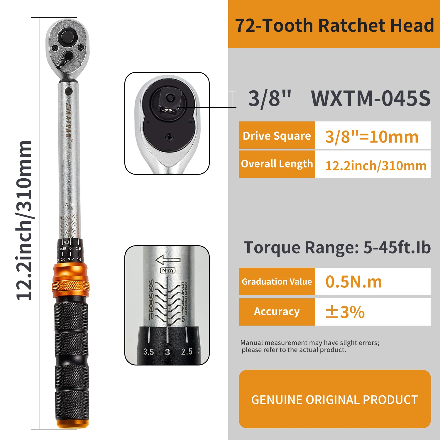 Waxtron Click Torque Wrench, 1/4", 3/8" or 1/2" Drive, 5-45FT.LB