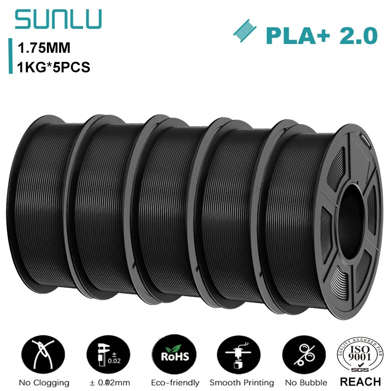 SUNLU PLA+ 2.0 Filament 1.75mm, 5 kg (5 × 1 kg), PLAplus 2.0 Black