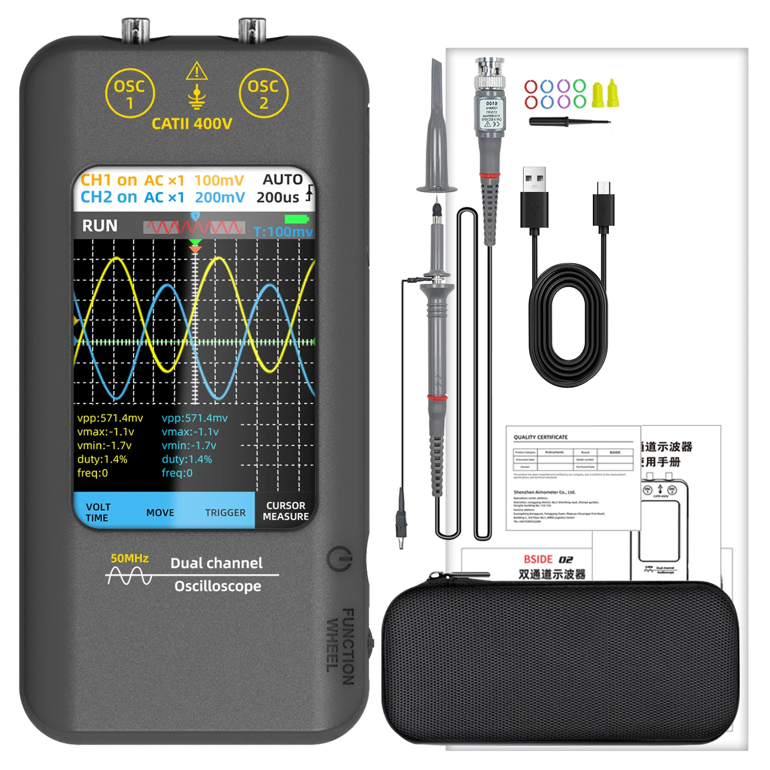 BSIDE O2 Touchscreen Oscilloscope & Signal Generator, 50MHz, O2