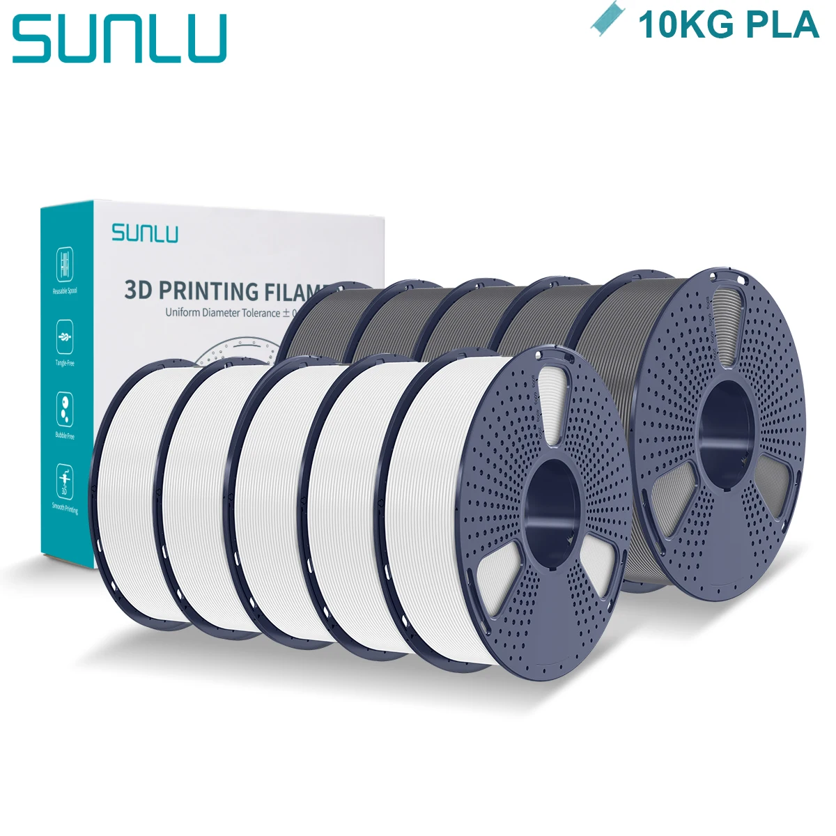SUNLU PLA Filament 1.75mm, 10 kg (10 × 1 kg Spools), PLA 5WT-5GY