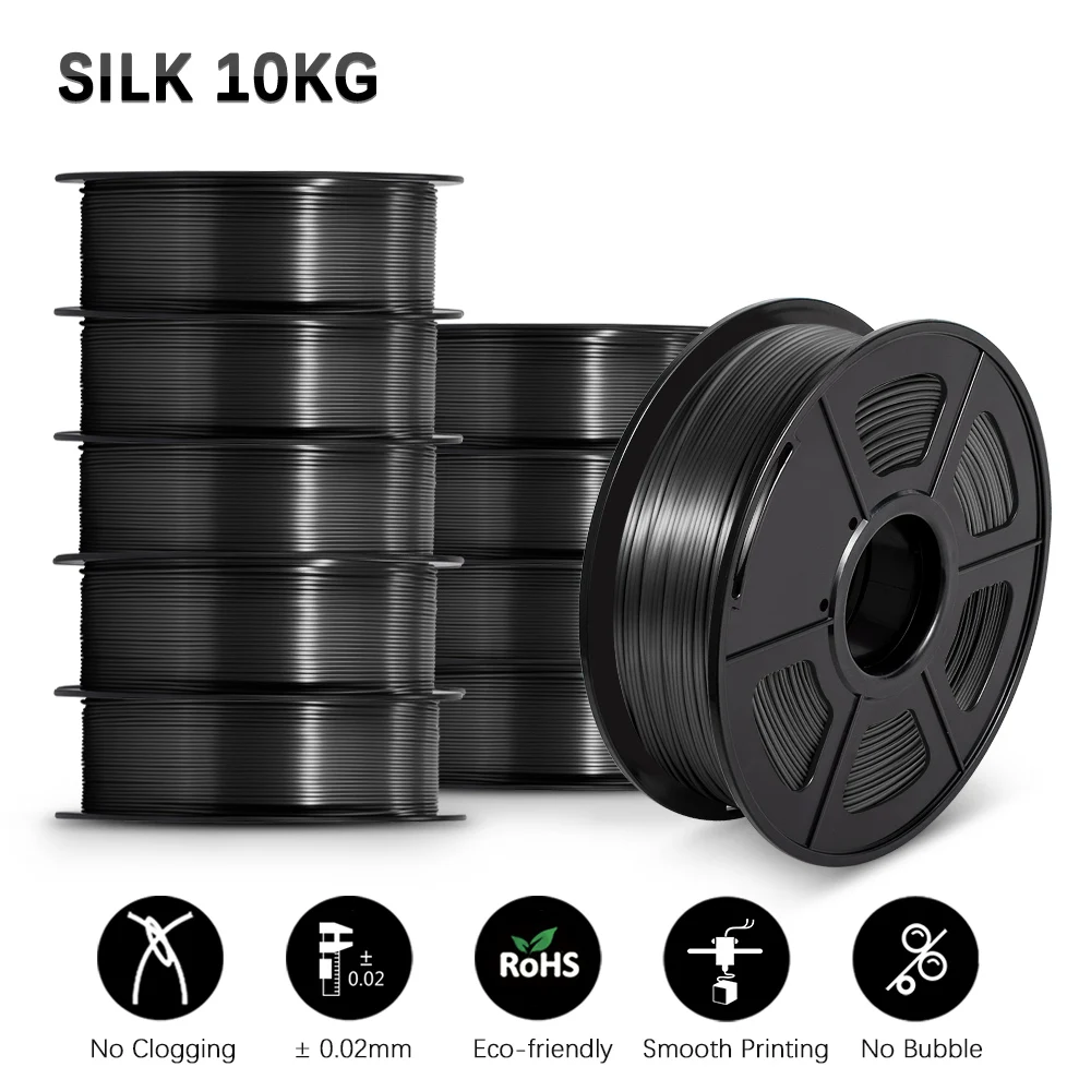 SUNLU Silk PLA Filament 1.75mm, 10 kg (Single, Dual & Tri-Color), SILK Black