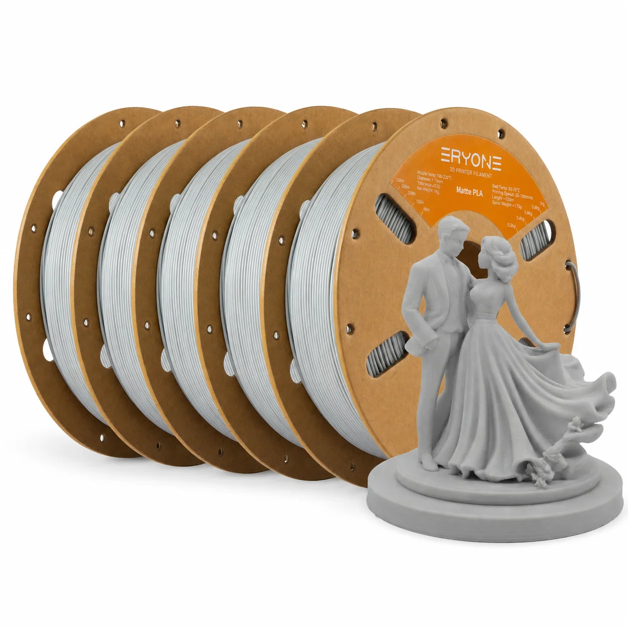 ERYONE Matte PLA Filament 1.75mm, 5 kg (5 × 1 kg), Gray 5KG