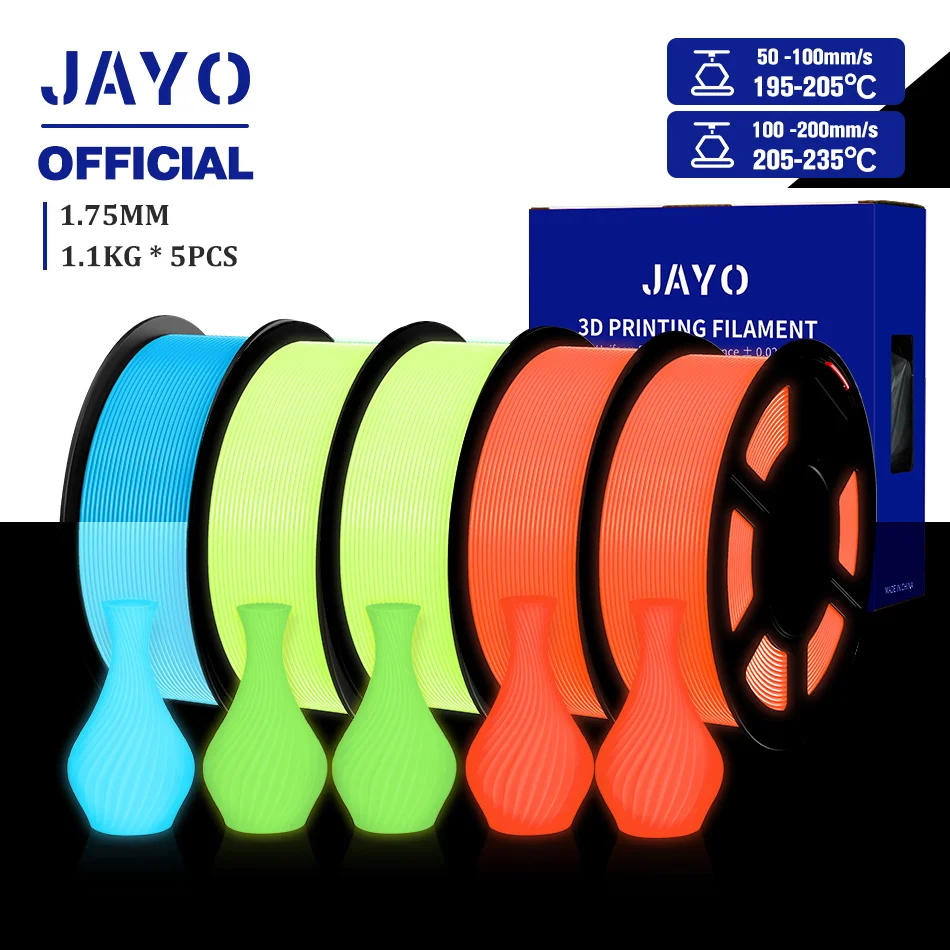 JAYO Glow in the Dark PLA & PETG Filament 1.75mm, 5-Roll Packs, PLA GID Mix-3