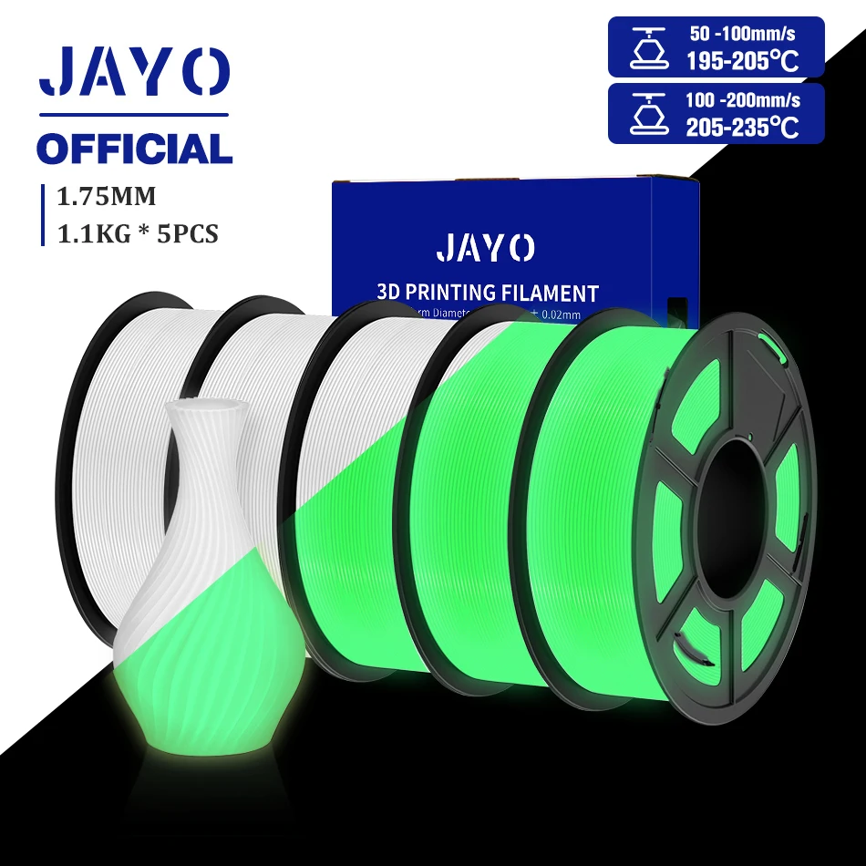 JAYO Glow in the Dark PLA & PETG Filament 1.75mm, 5-Roll Packs, PLA GID White Green