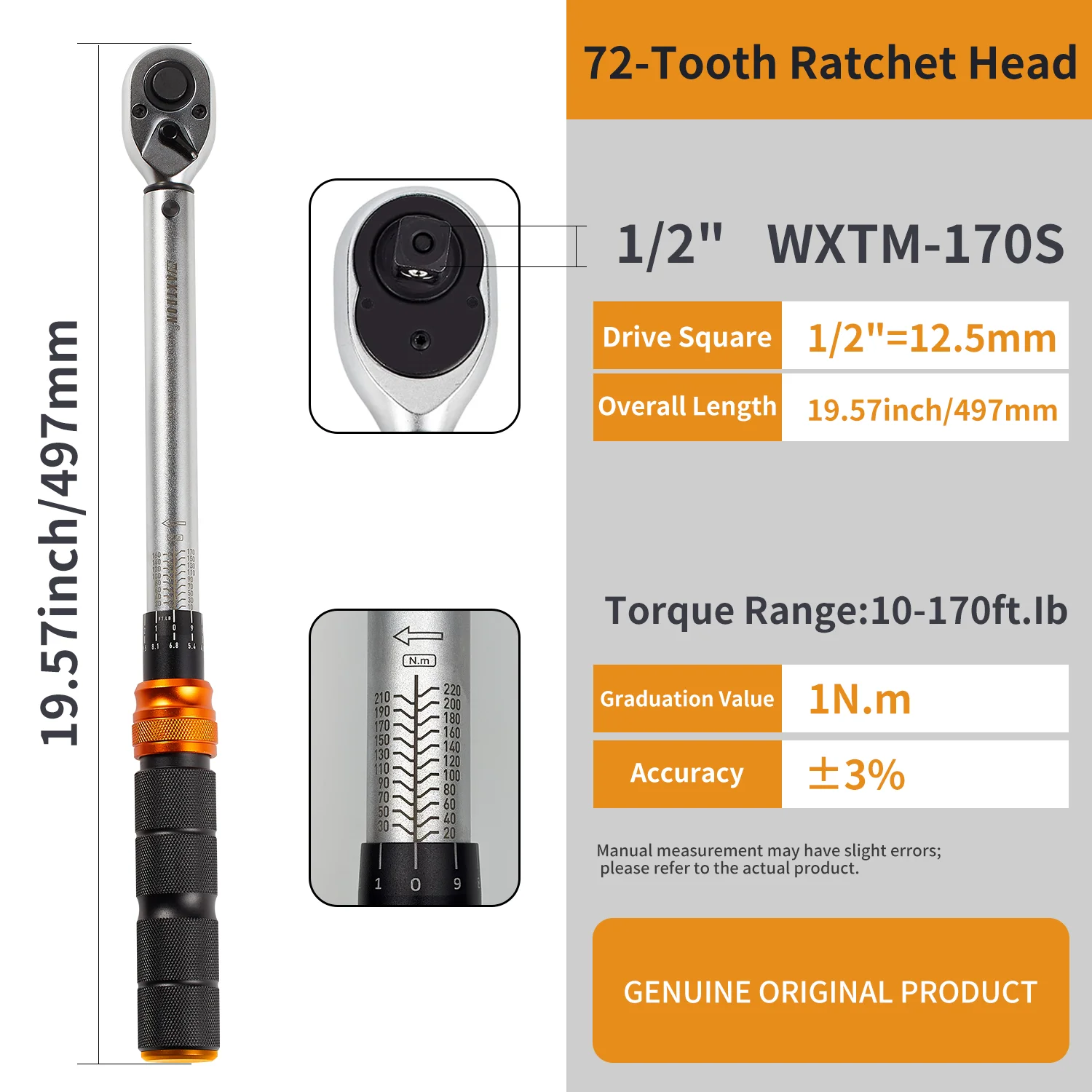 Waxtron Click Torque Wrench, 1/4", 3/8" or 1/2" Drive, 10-170FT.LB