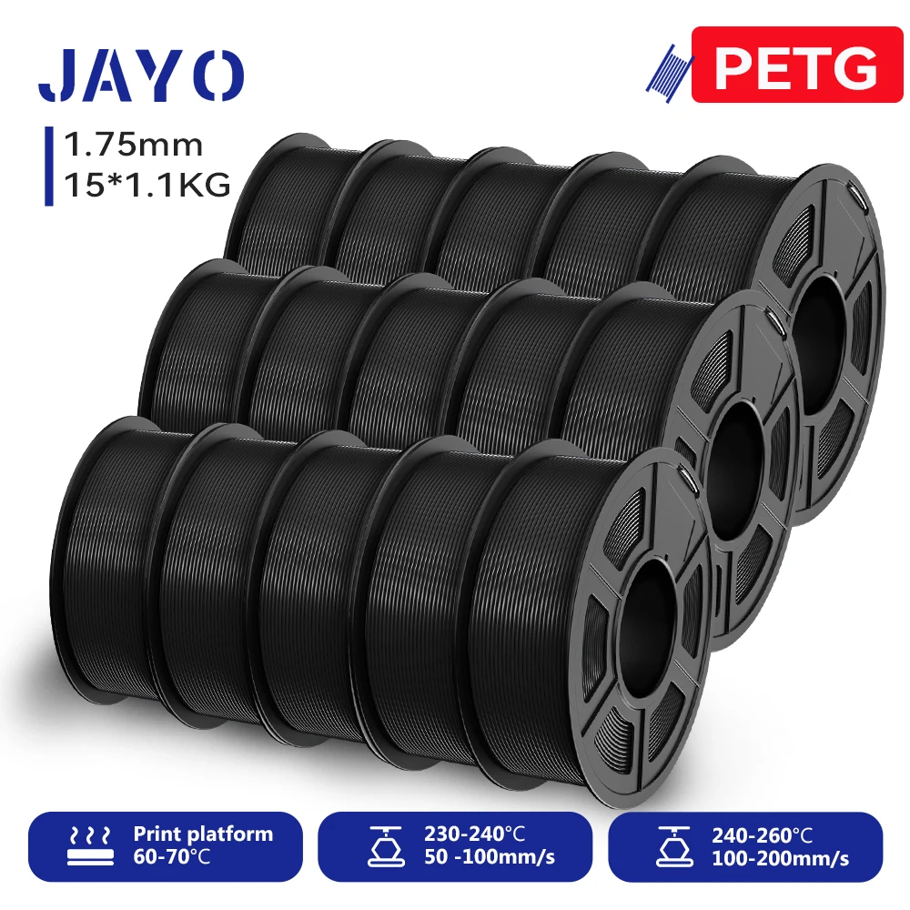 JAYO PETG Filament 1.75mm, 15 Spools (15 × 1.1 kg), PETG-15BK