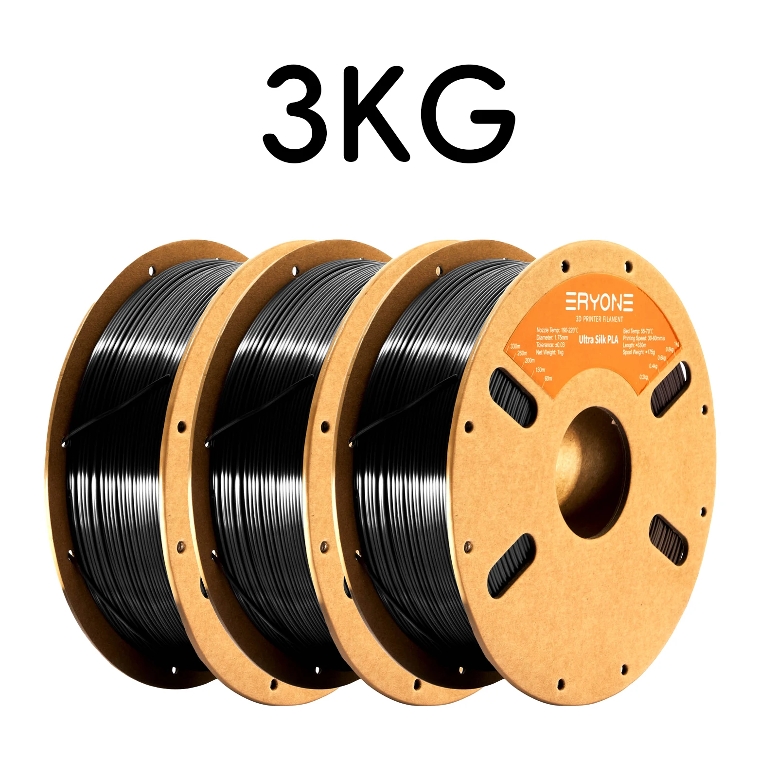 ERYONE Ultra Silk PLA Filament 1.75mm, 3 kg (3 × 1 kg), Black-3kg