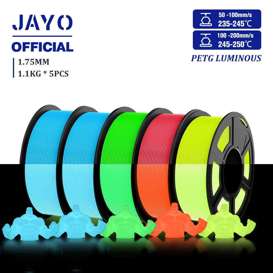 JAYO Glow in the Dark PLA & PETG Filament 1.75mm, 5-Roll Packs