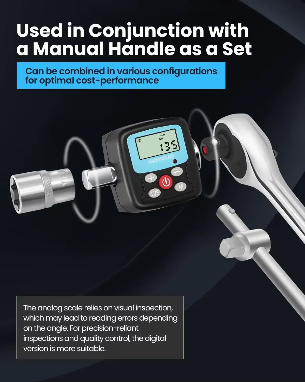 GOYOJO Digital Torque Adapter with LCD, 1/4" to 1/2" Drive