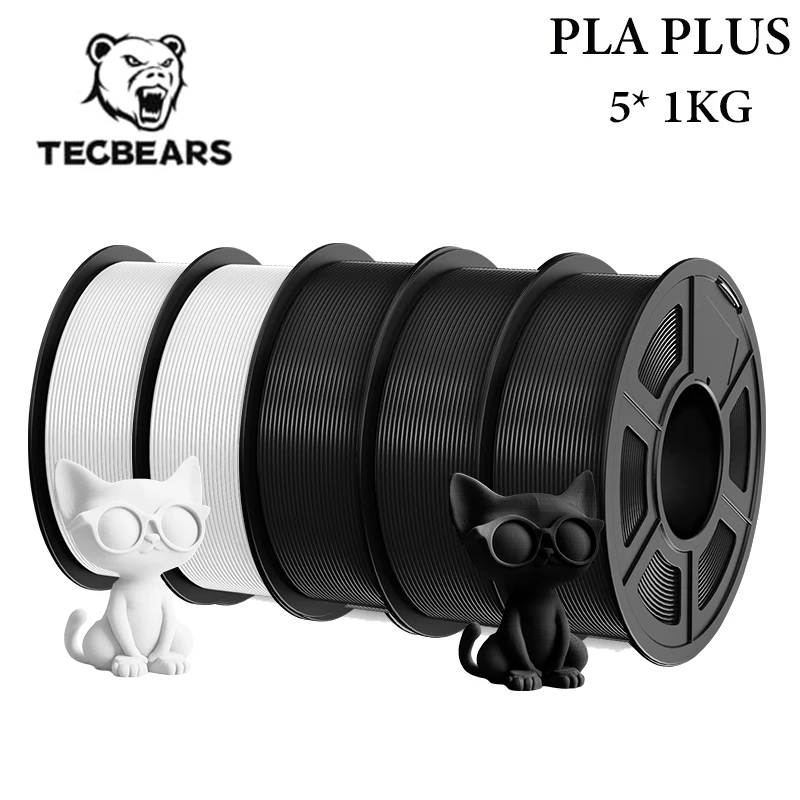 TECBEARS PLA+ Filament 1.75mm, 5 kg (5 × 1 kg), PLAPLUS 3BK 2WT