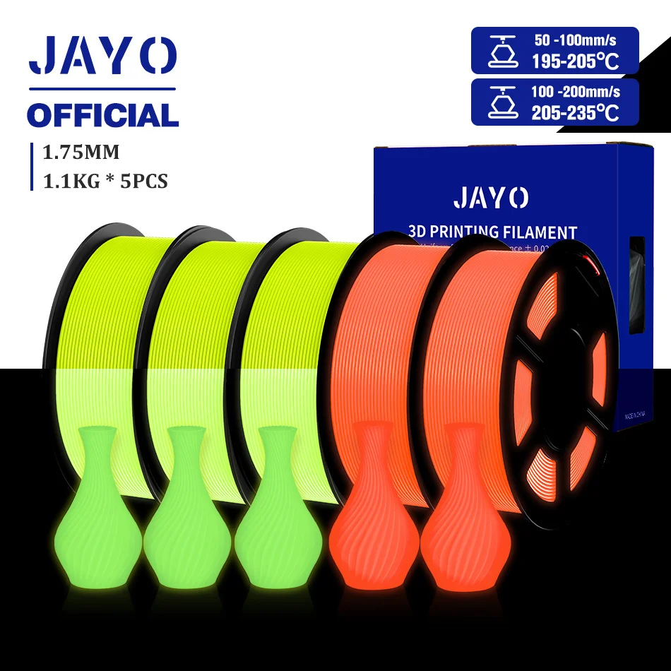 JAYO Glow in the Dark PLA & PETG Filament 1.75mm, 5-Roll Packs, PLA GID Mix-4