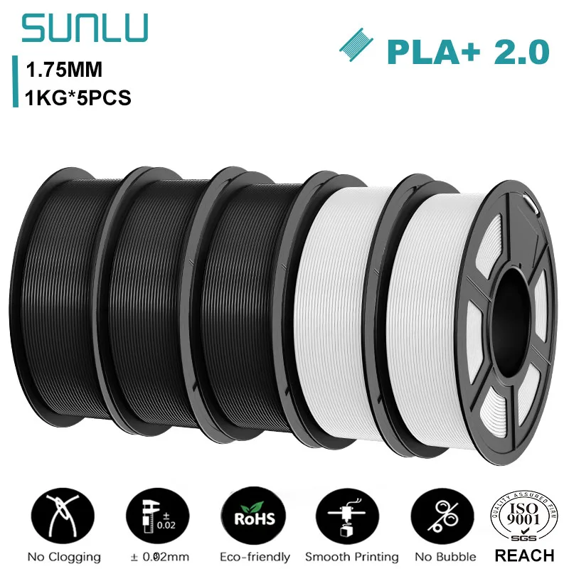SUNLU PLA+ 2.0 Filament 1.75mm, 5 kg (5 × 1 kg), PLAplus 2.0 3BK 2WT