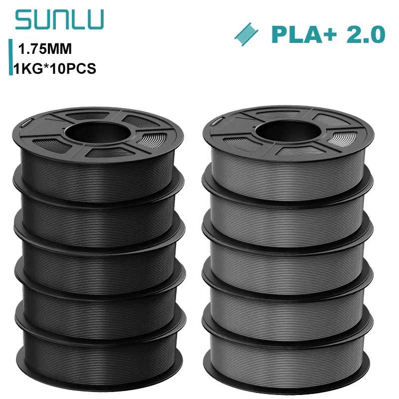 SUNLU PLA+ 2.0 Filament 1.75mm, 10 kg (10 × 1 kg), PLAplus 2.0 5BK 5GY