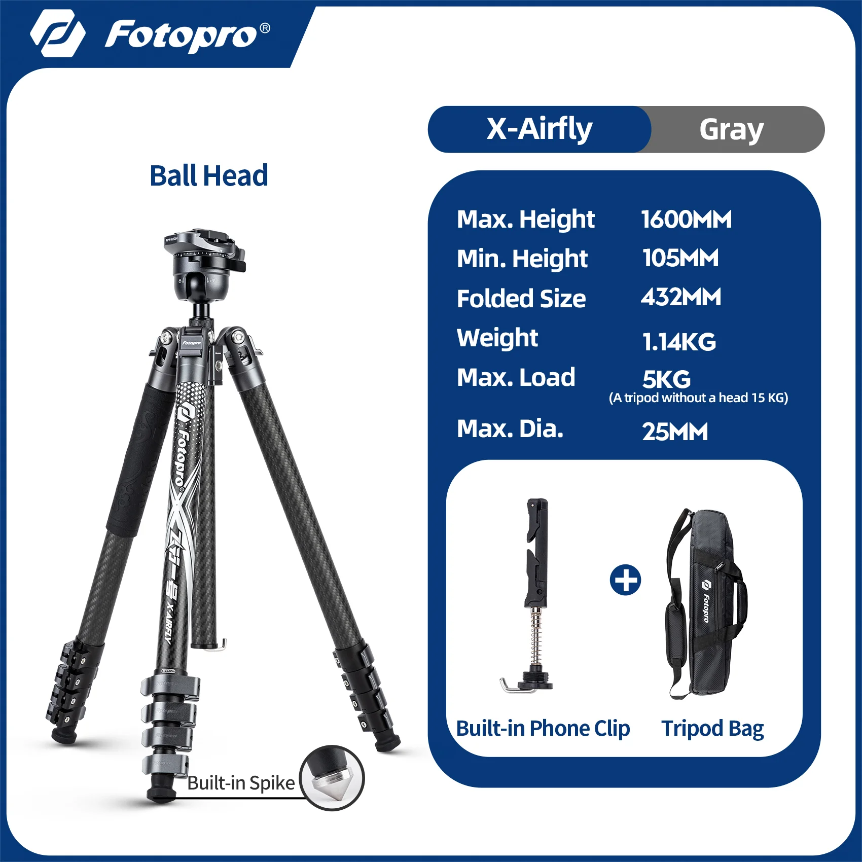 Fotopro X-Airfly Carbon Fiber Video Tripod, 64.5" (164 cm), AIRFLY Gray