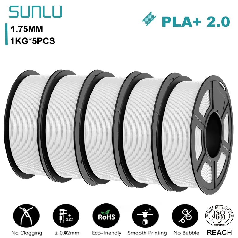 SUNLU PLA+ 2.0 Filament 1.75mm, 5 kg (5 × 1 kg), PLAplus 2.0 White
