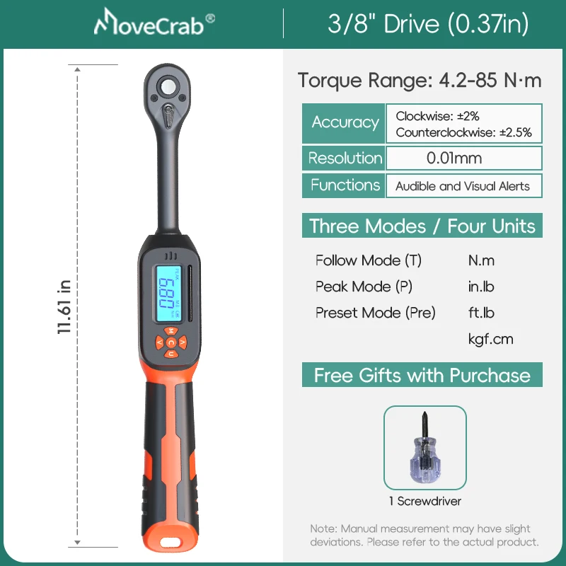 MOVECRAB Digital Torque Wrench, 3/8" or 1/2", up to 340 N·m, 4.2-85N.m