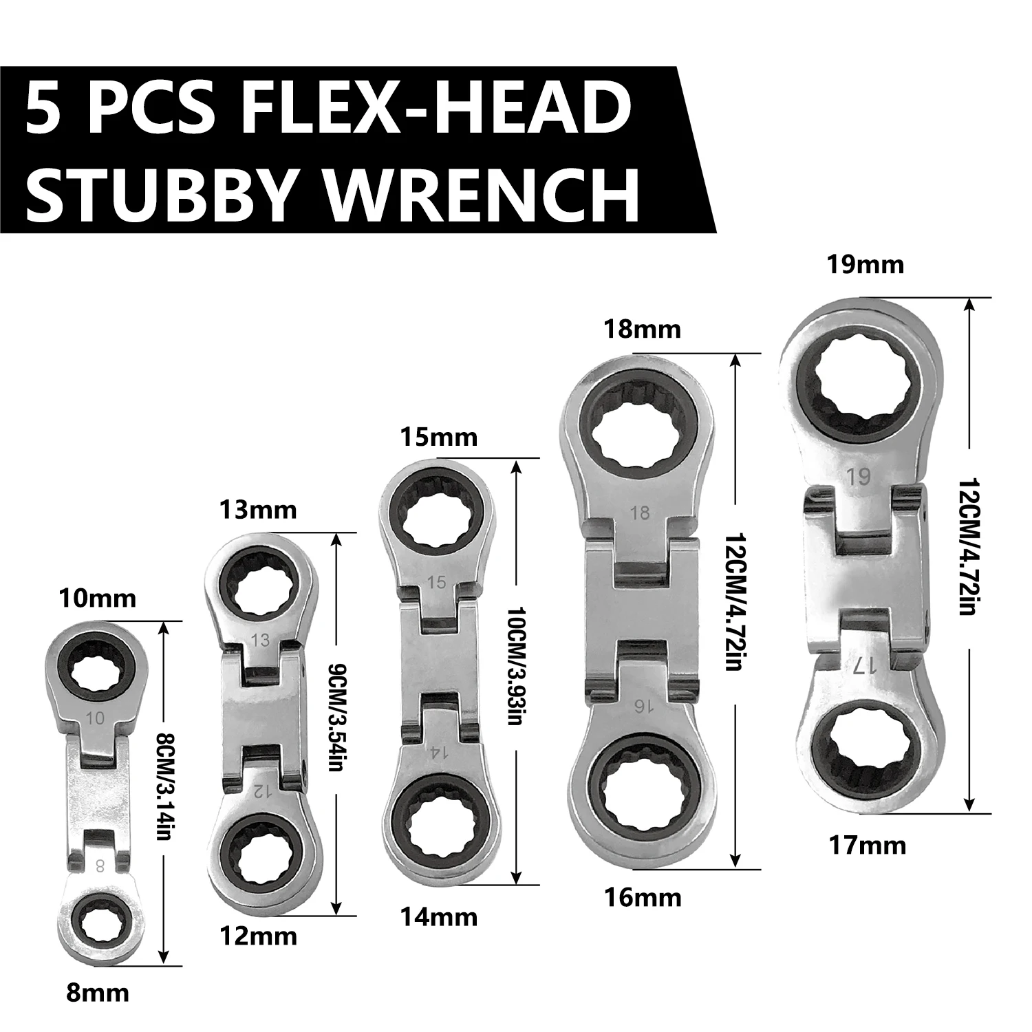 GOSWIFT 5-Piece Flex-Head Stubby Ratcheting Wrench Set, Metric – photo 3