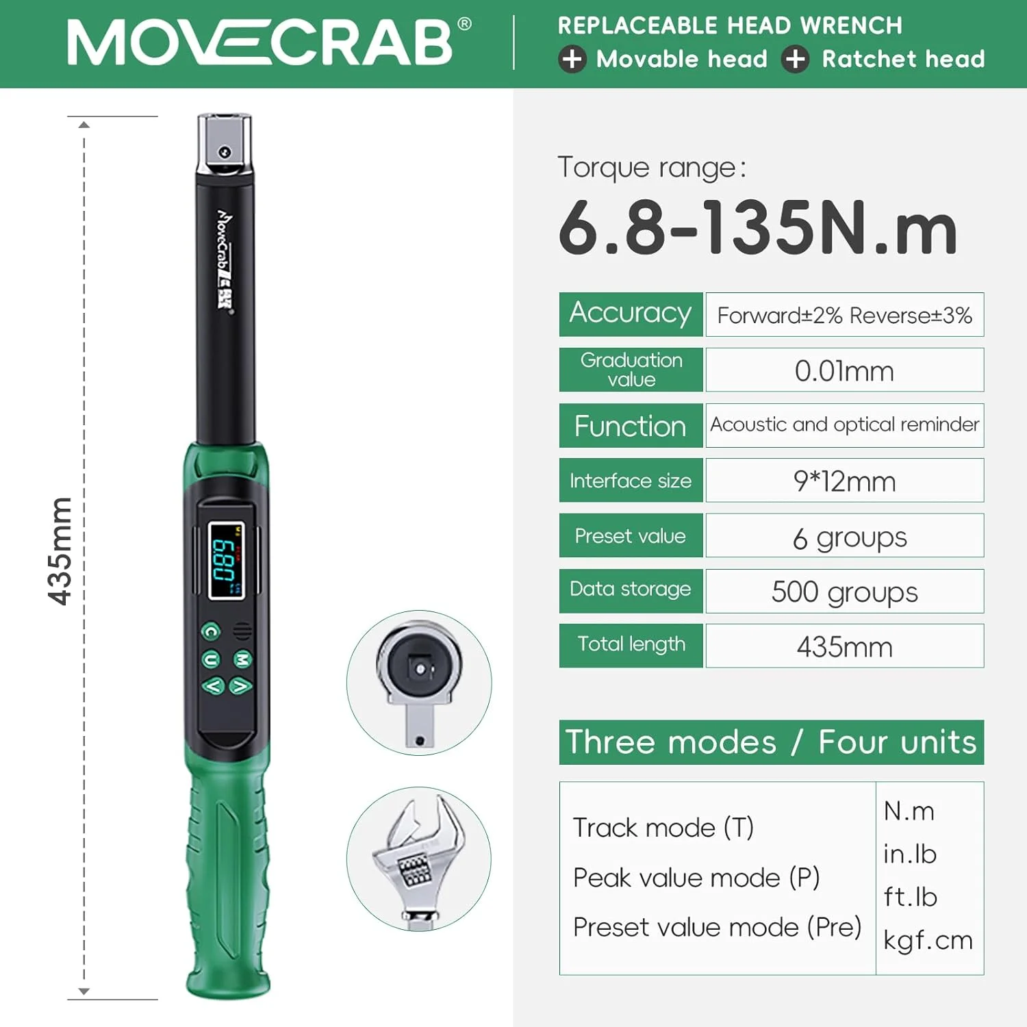 MoveCrab Digital Torque Wrench, 6.8–135 N·m, Interchangeable Heads, 6.8-135N.m