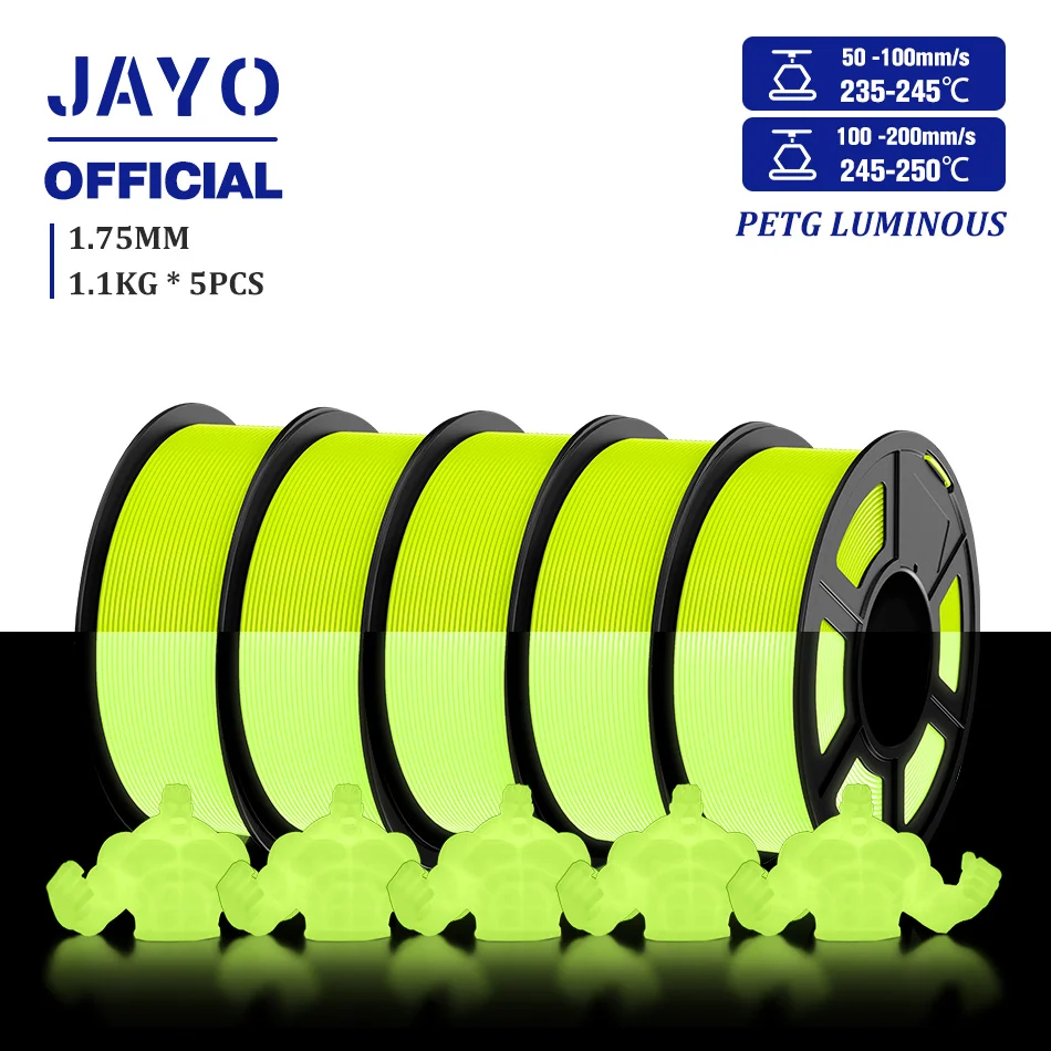JAYO Glow in the Dark PLA & PETG Filament 1.75mm, 5-Roll Packs, PETG GID Yellow