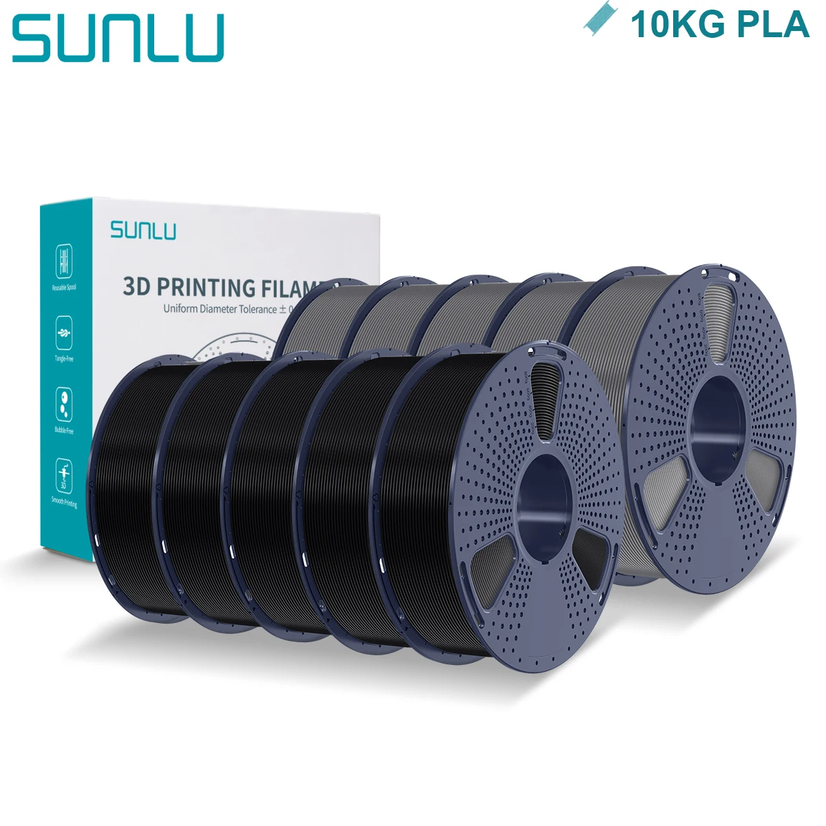 SUNLU PLA Filament 1.75mm, 10 kg (10 × 1 kg Spools), PLA 5GY-5BK