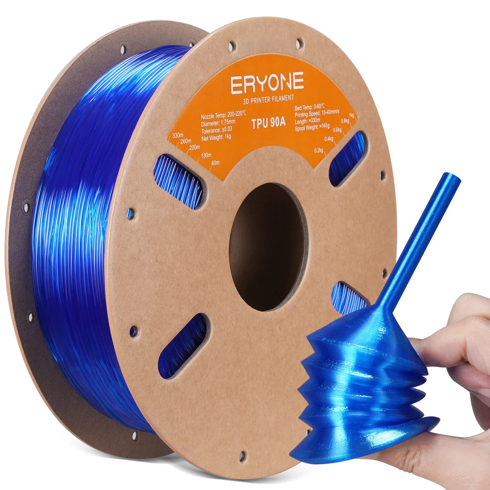 ERYONE TPU 90A Flexible Filament 1.75mm, 1 kg to 6 kg, Trans Blue-1kg