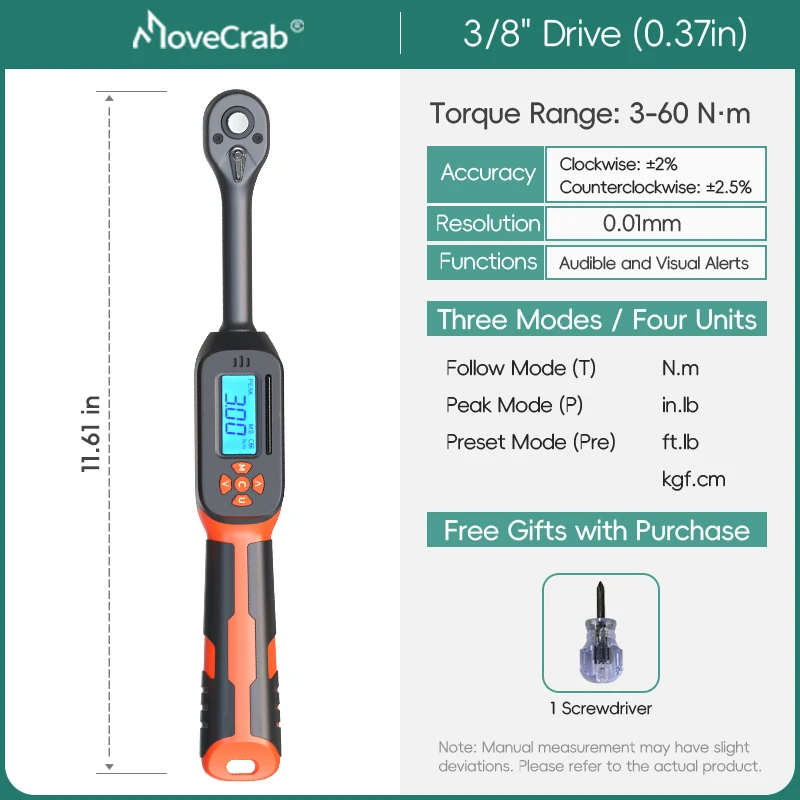 MOVECRAB Digital Torque Wrench, 3/8" or 1/2", up to 340 N·m, 3-60N.m