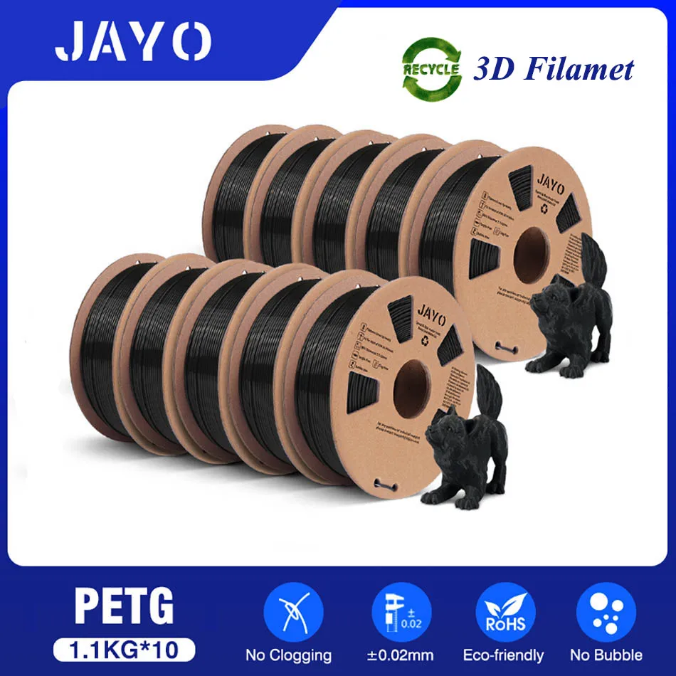 JAYO PLA / PLA+ / PETG Filament 1.75mm, Black, 10 Spools, PETG Black 10rolls