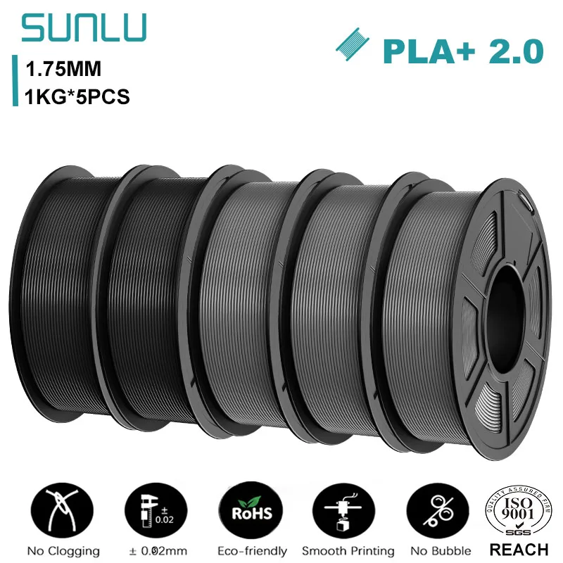 SUNLU PLA+ 2.0 Filament 1.75mm, 5 kg (5 × 1 kg), PLAplus 2.0 2BK 3GY