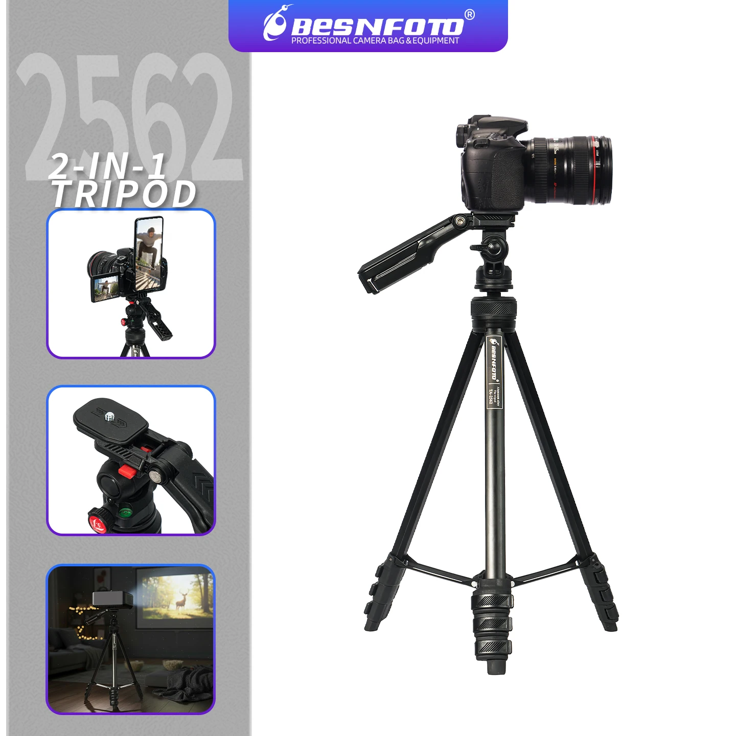 Besnfoto Aluminum Travel Tripod with Hidden Phone Mount