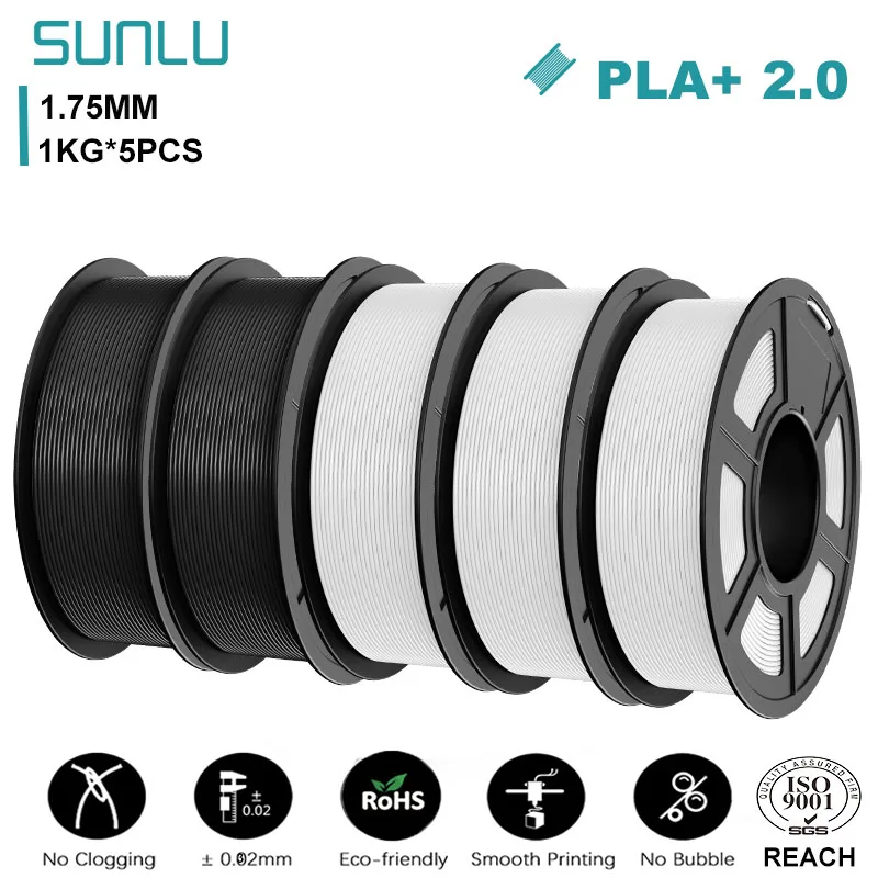 SUNLU PLA+ 2.0 Filament 1.75mm, 5 kg (5 × 1 kg), PLAplus 2.0 2BK 3WT