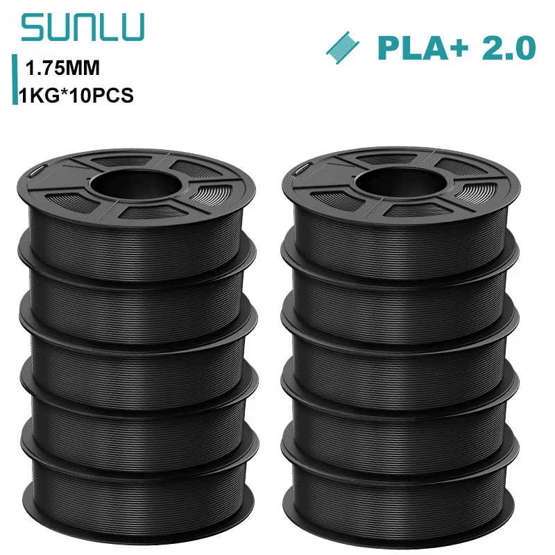 SUNLU PLA+ 2.0 Filament 1.75mm, 10 kg (10 × 1 kg), PLAplus 2.0 Black