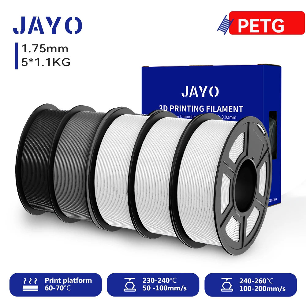 JAYO PETG Filament 1.75mm, 5-Roll Sets (5 × 1.1 kg), PETG-3WTBKGY