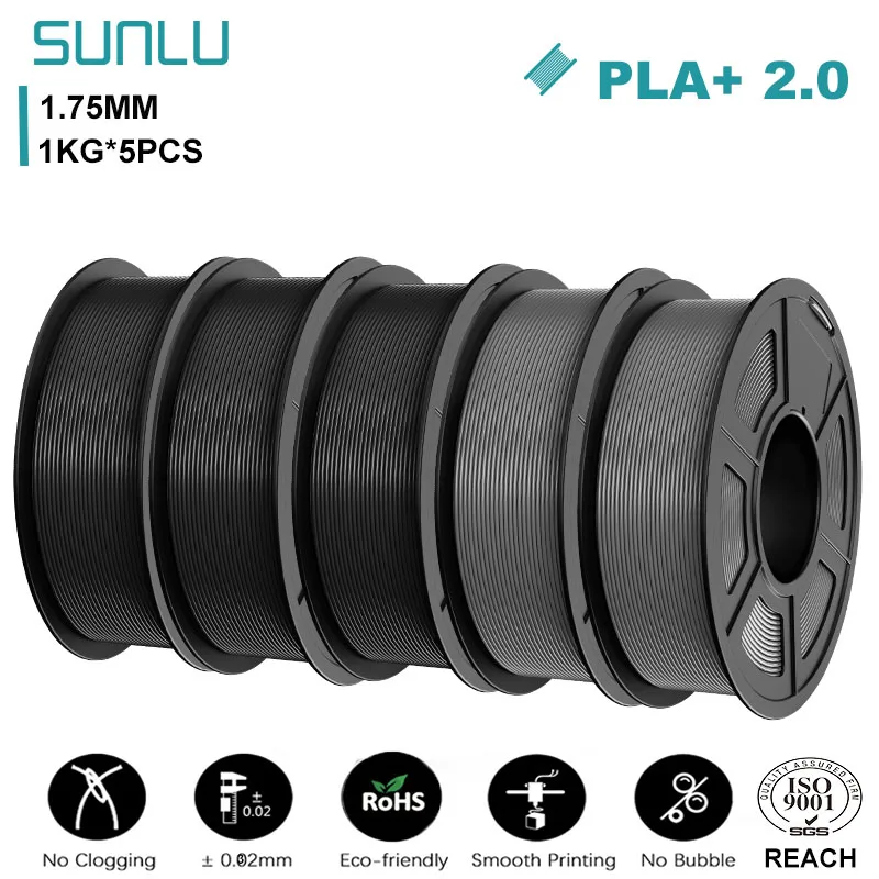 SUNLU PLA+ 2.0 Filament 1.75mm, 5 kg (5 × 1 kg), PLAplus 2.0 3BK 2GY
