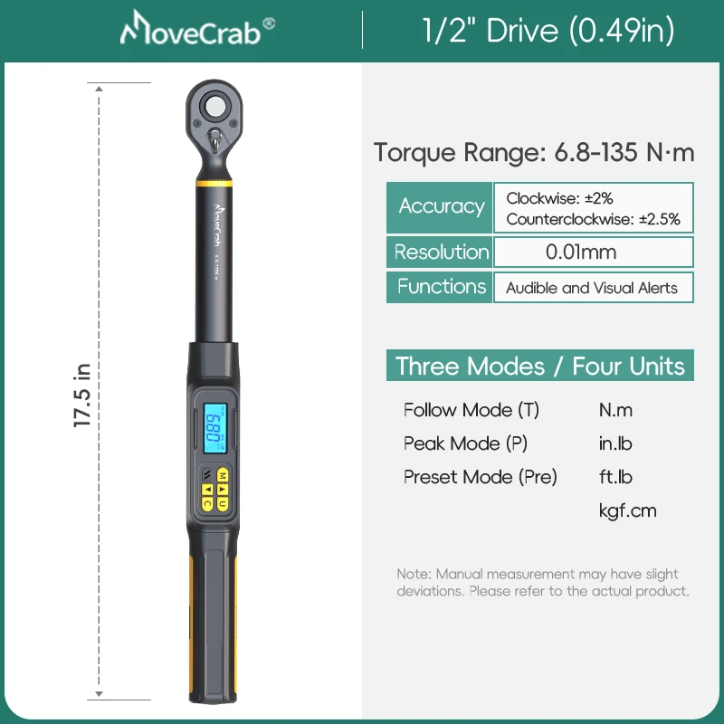 MOVECRAB Digital Torque Wrench, 3/8" or 1/2", up to 340 N·m, 6.8-135N.m