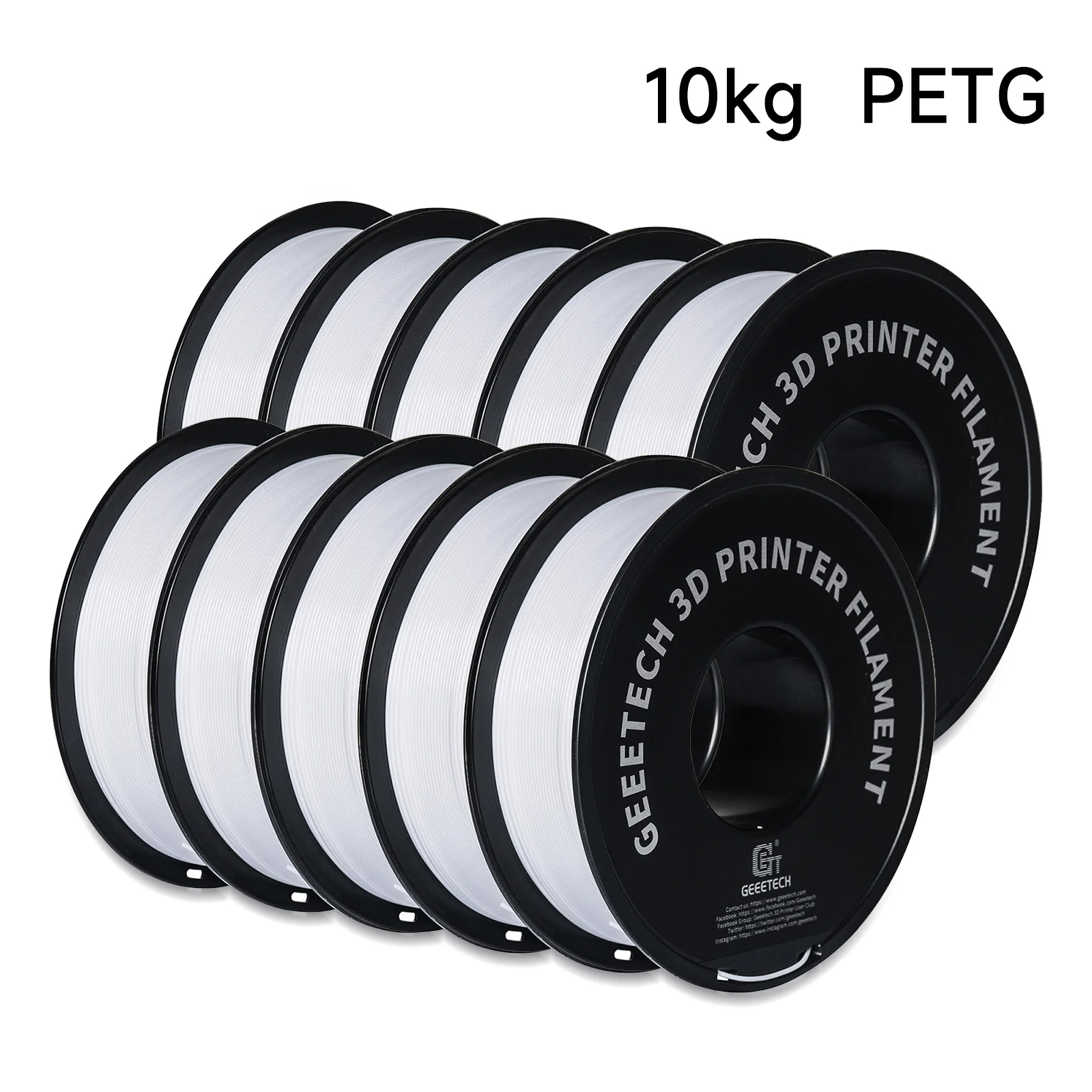 GEEETECH PETG Filament 1.75mm, 10 kg (10 × 1 kg), WHITE