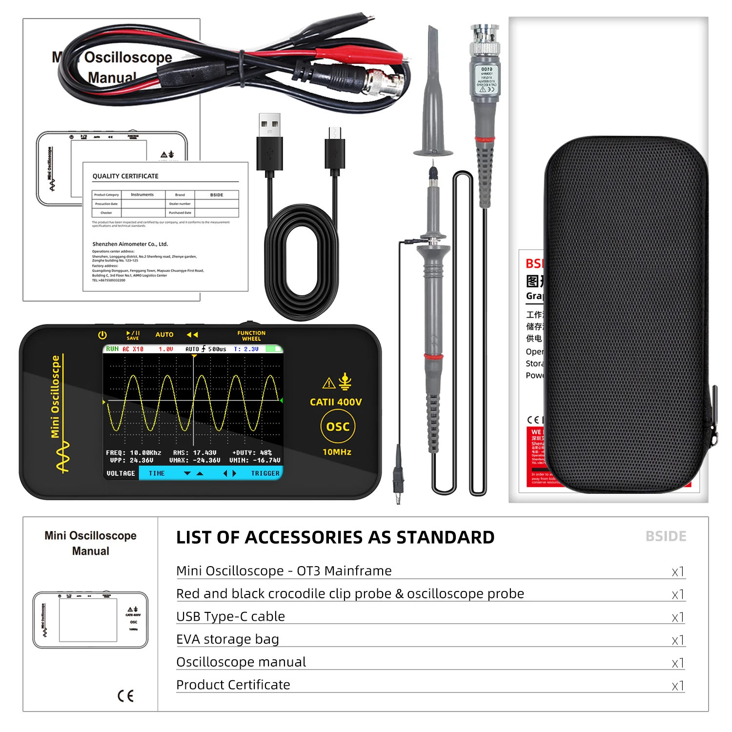 BSIDE OT3 Handheld Digital Oscilloscope, 10MHz, 48MS/s, OT3 Oscilloprobe