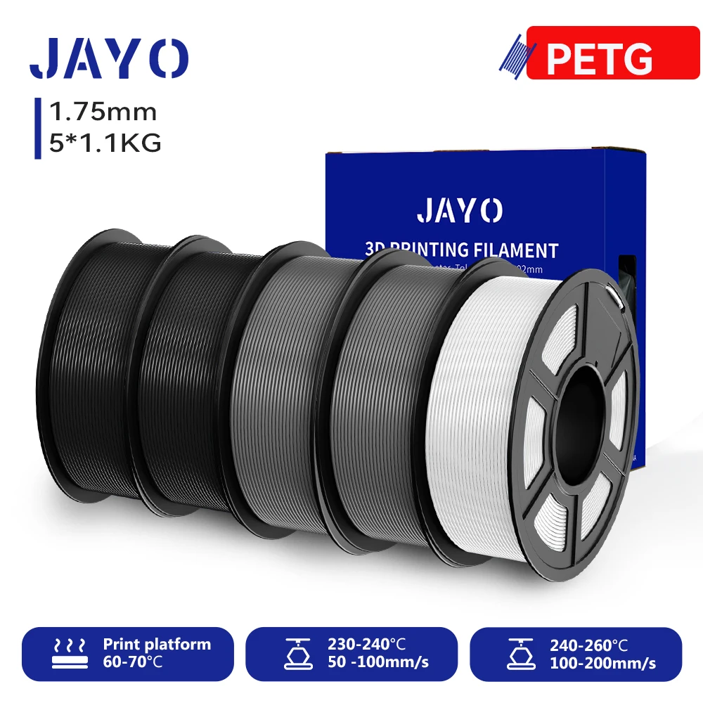 JAYO PETG Filament 1.75mm, 5-Roll Sets (5 × 1.1 kg), PETG-2BK2GYWT