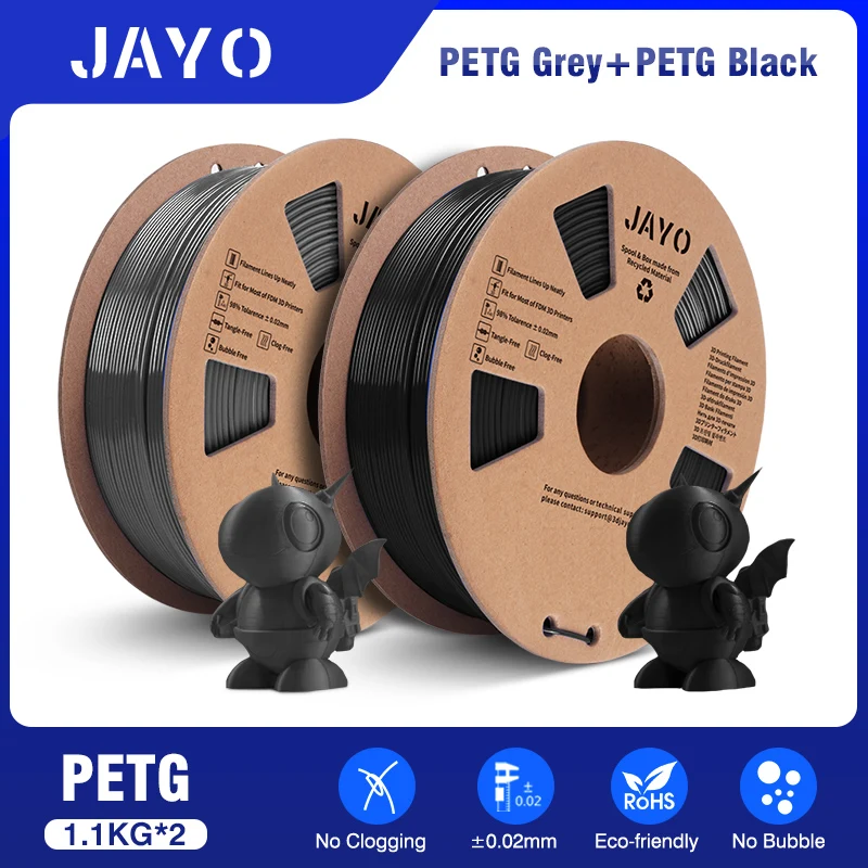JAYO PETG, PLA & TPU Filament 1.75mm, 2-Roll Packs, PETG BK GY