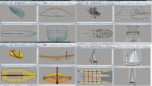 Boat design software screens with hull lines and 3D views