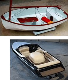 Small inboard boats: a white dinghy and a runabout with seats