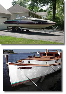 Two cabin cruisers, one on a trailer and one at a dock
